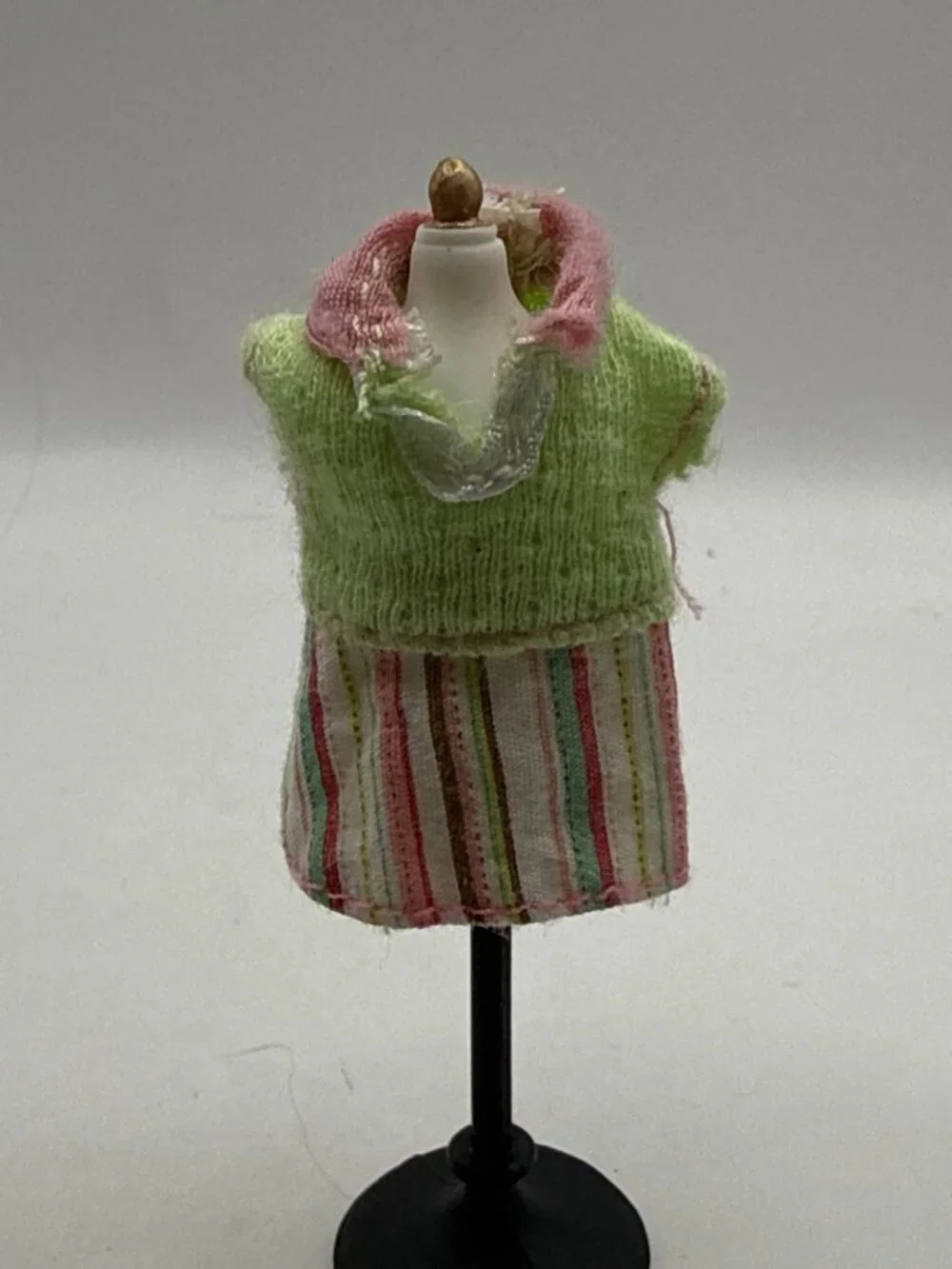 Vtg Tiny Doll Outfit Stripe Shift Dress Lime Green Knit Sweater
